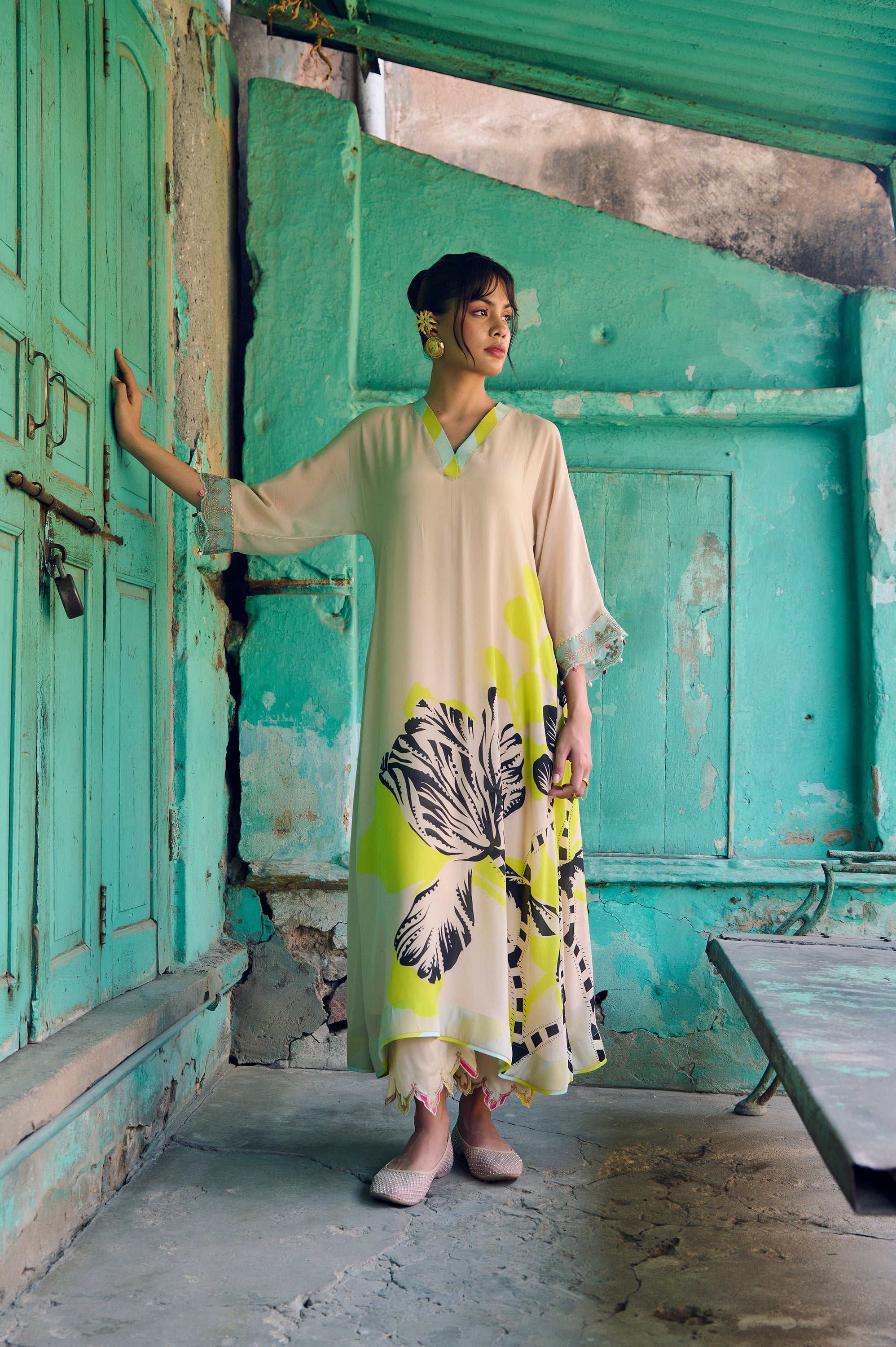 Safar Beige Flower Printed Kaftan Kurta Set