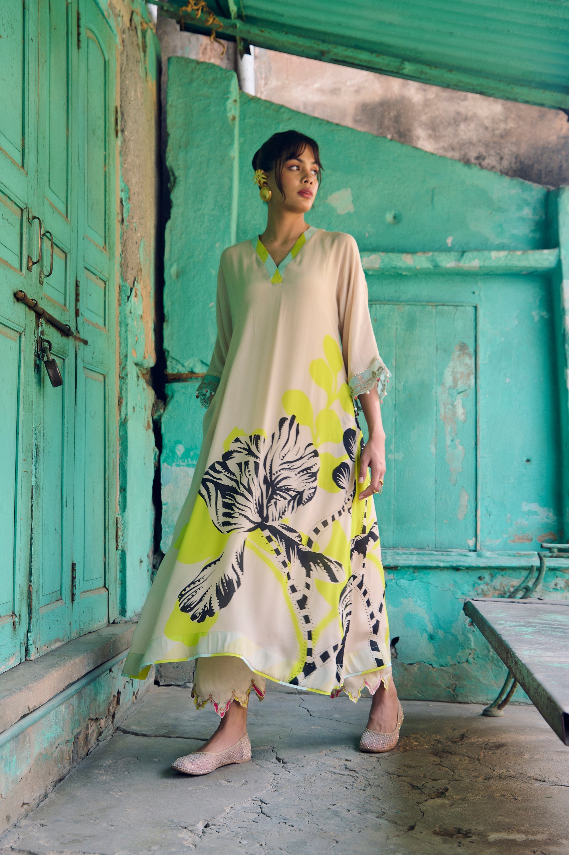 Safar Beige Flower Printed Kaftan Kurta Set
