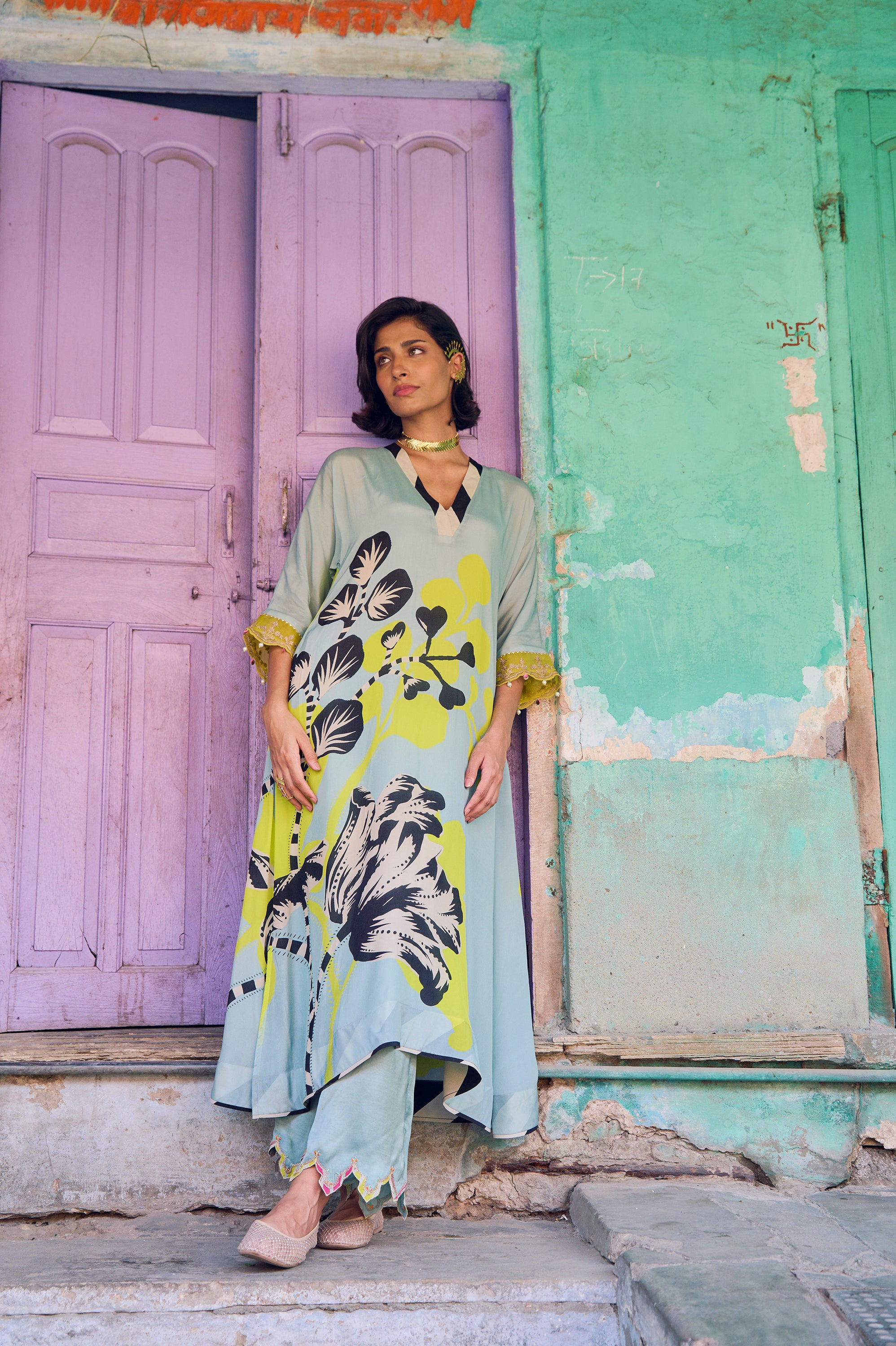 Safar Powder Blue Flower Printed Kaftan Kurta Set
