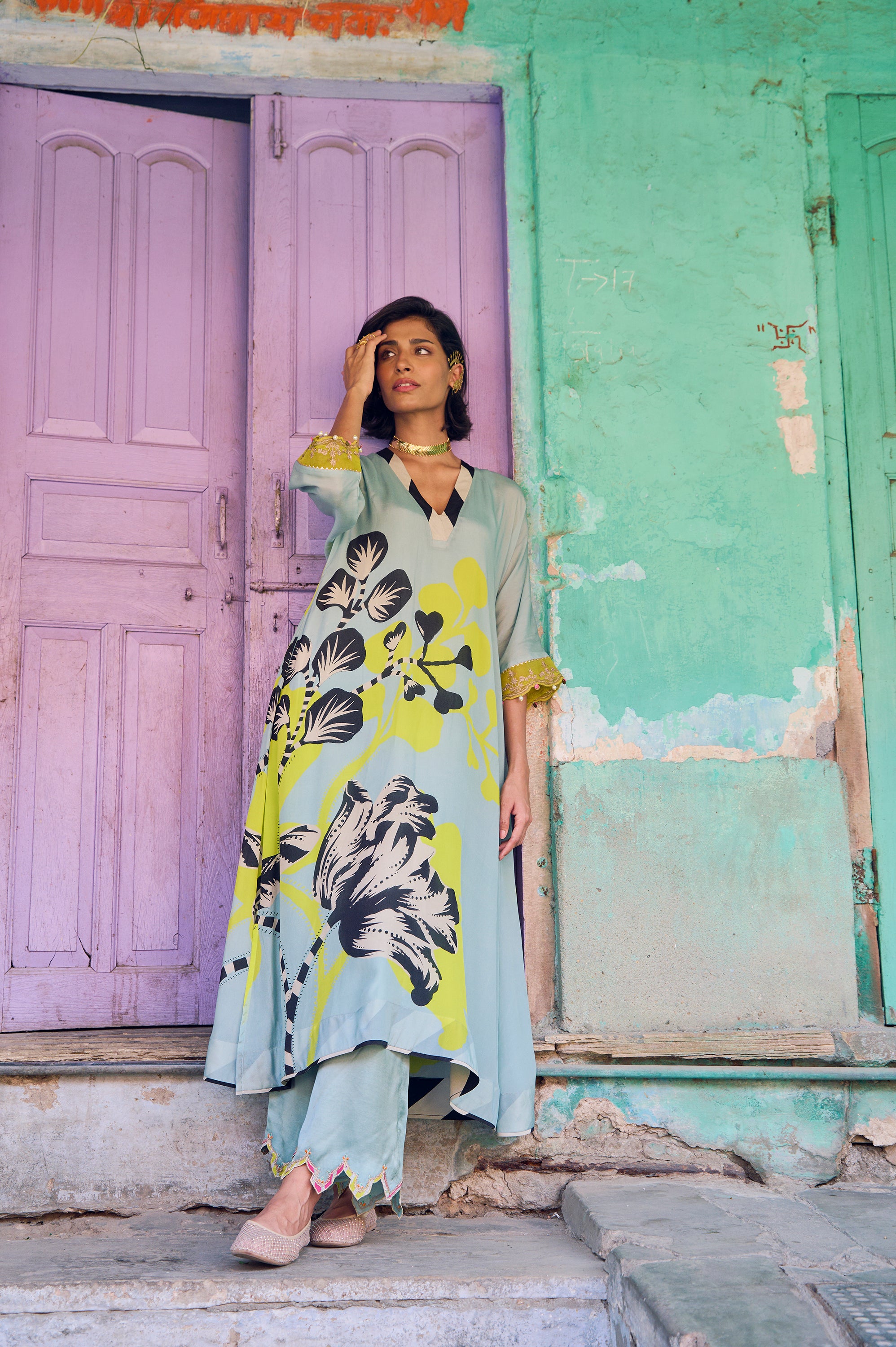 Safar Powder Blue Flower Printed Kaftan Kurta Set