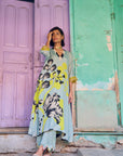 Safar Powder Blue Flower Printed Kaftan Kurta Set