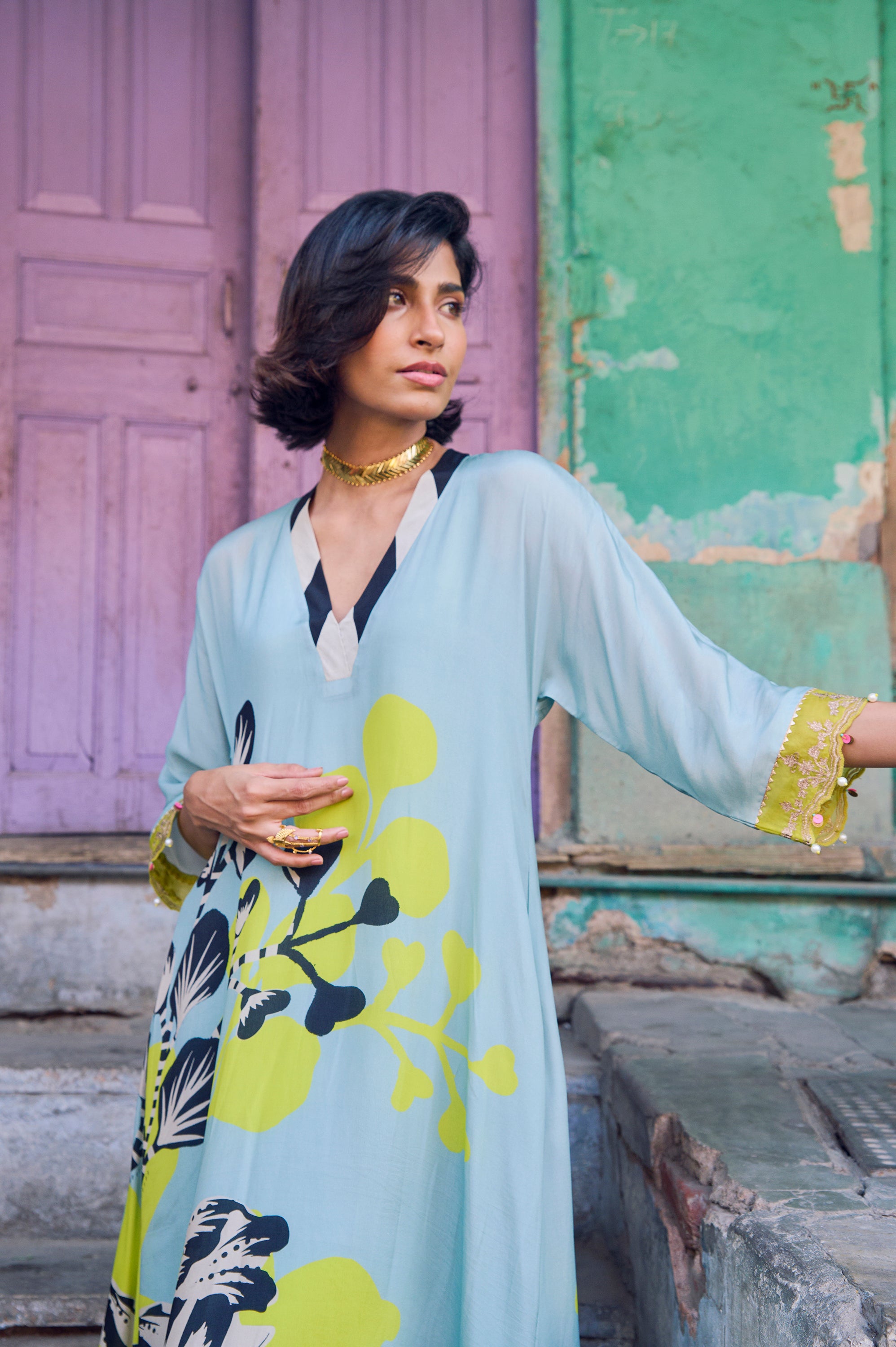Safar Powder Blue Flower Printed Kaftan Kurta Set
