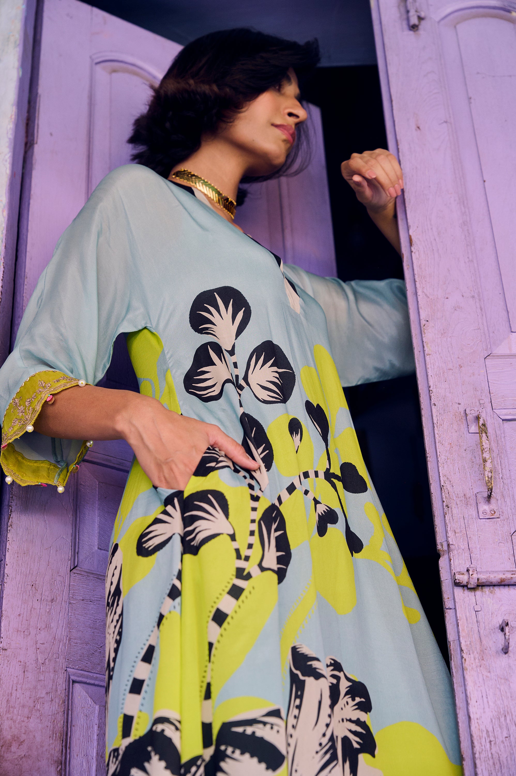 Safar Powder Blue Flower Printed Kaftan Kurta Set