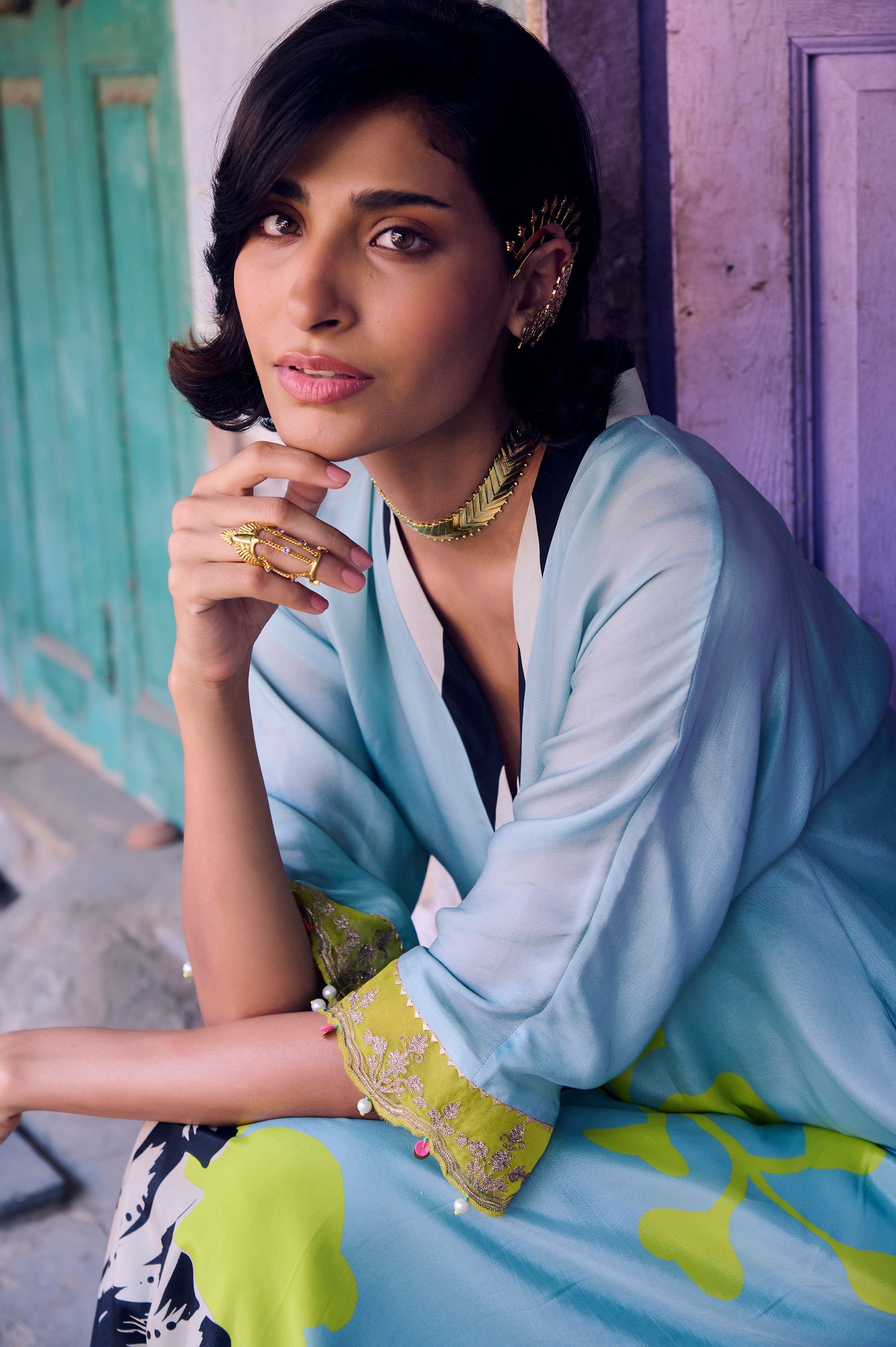 Safar Powder Blue Flower Printed Kaftan Kurta Set