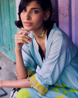 Safar Powder Blue Flower Printed Kaftan Kurta Set