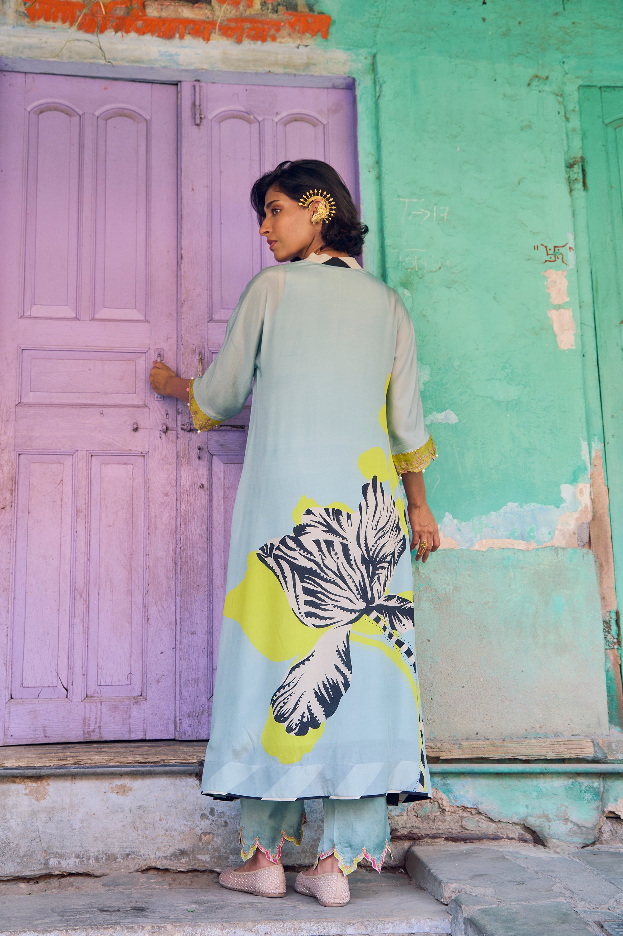 Safar Powder Blue Flower Printed Kaftan Kurta Set