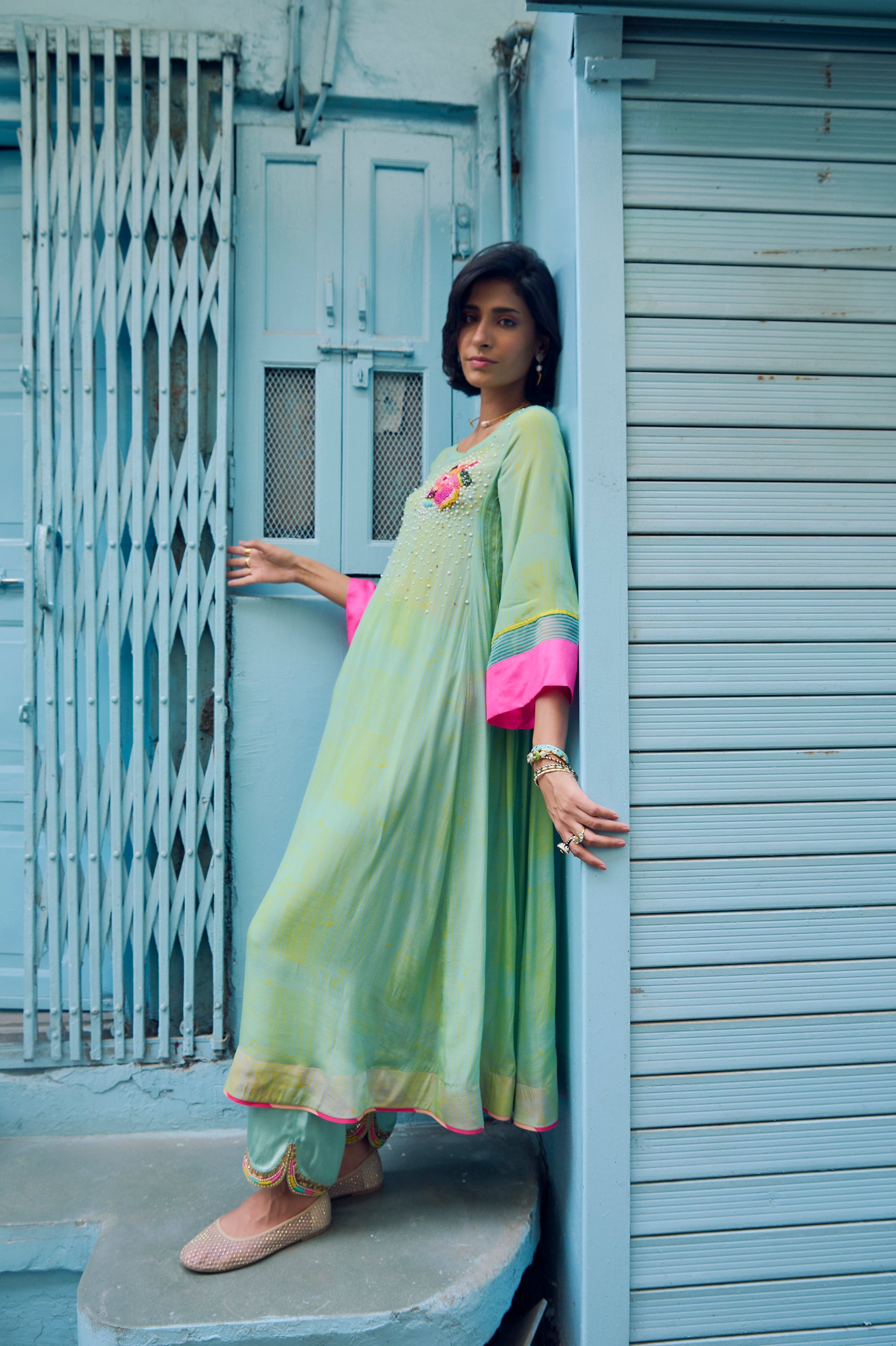 Safar P.Blue Floral Boota Side Pintuck Kurta Set