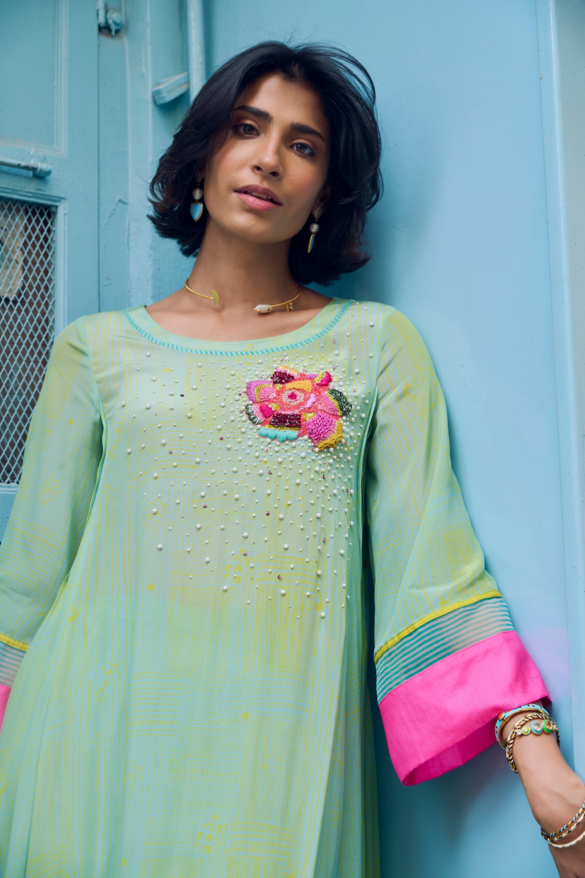 Safar P.Blue Floral Boota Side Pintuck Kurta Set