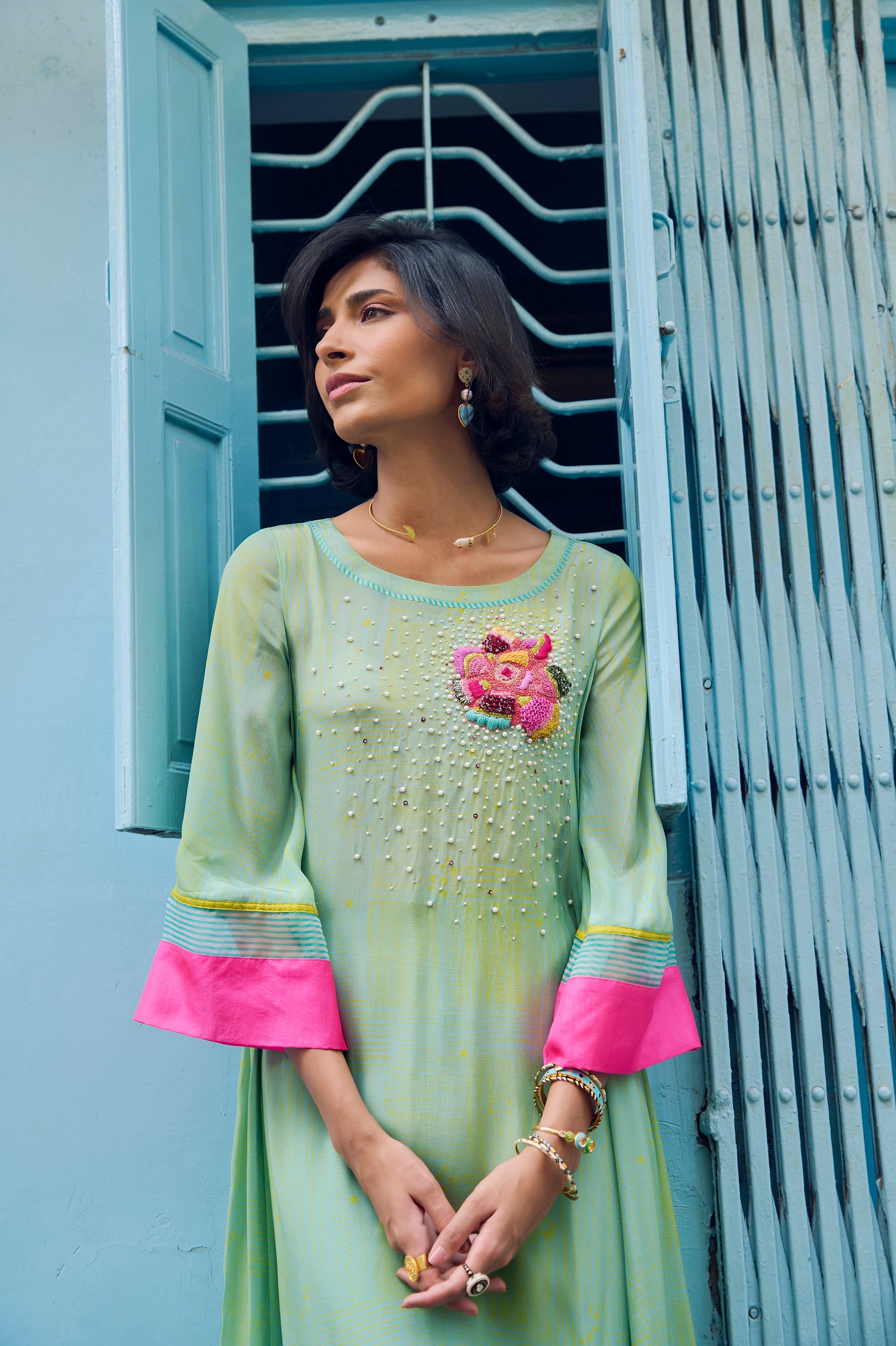 Safar P.Blue Floral Boota Side Pintuck Kurta Set
