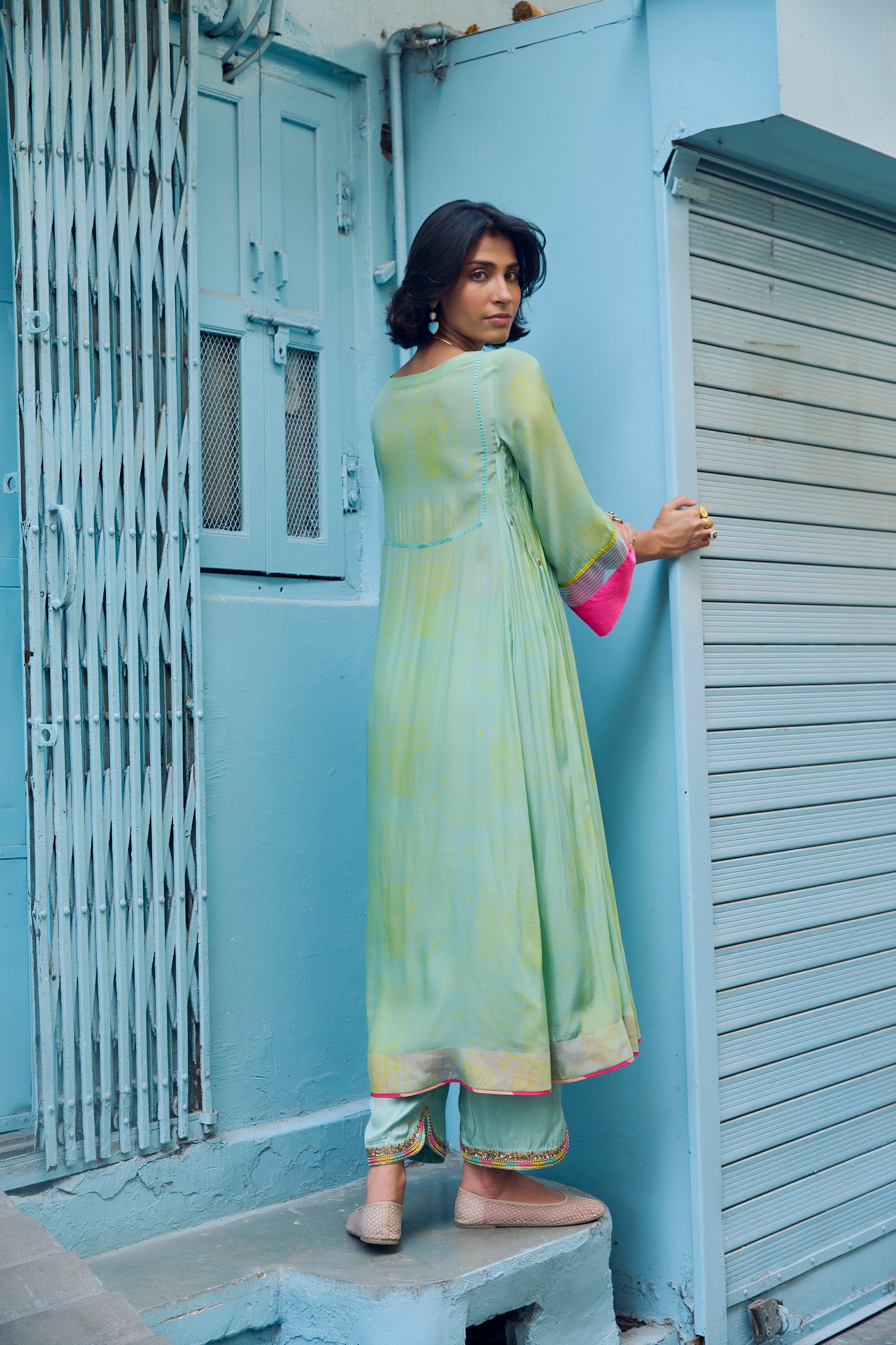 Safar P.Blue Floral Boota Side Pintuck Kurta Set