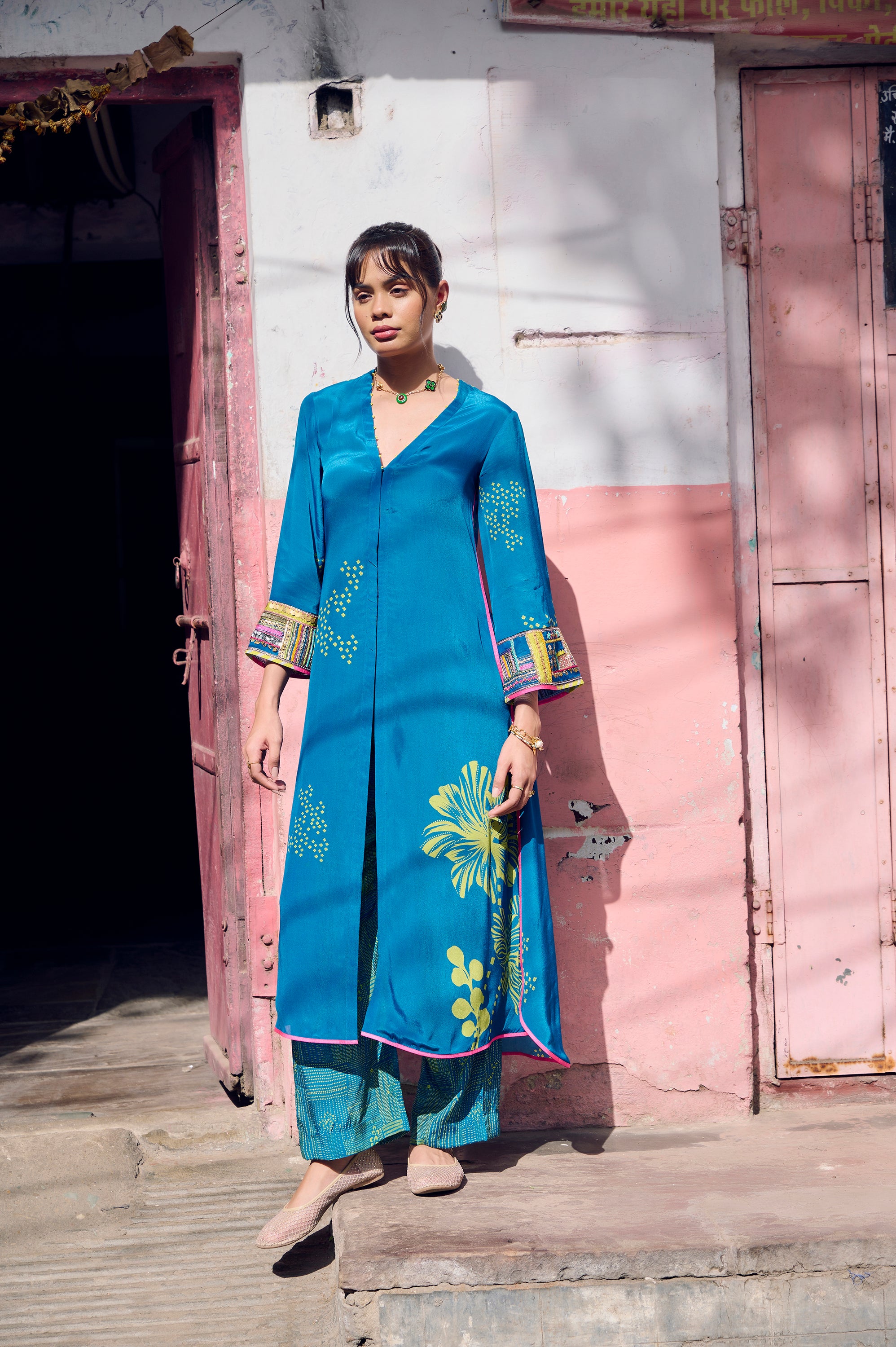 Safar Teal Blue Cuff Embroidered Jacket Kurta Set