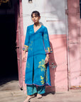 Safar Teal Blue Cuff Embroidered Jacket Kurta Set