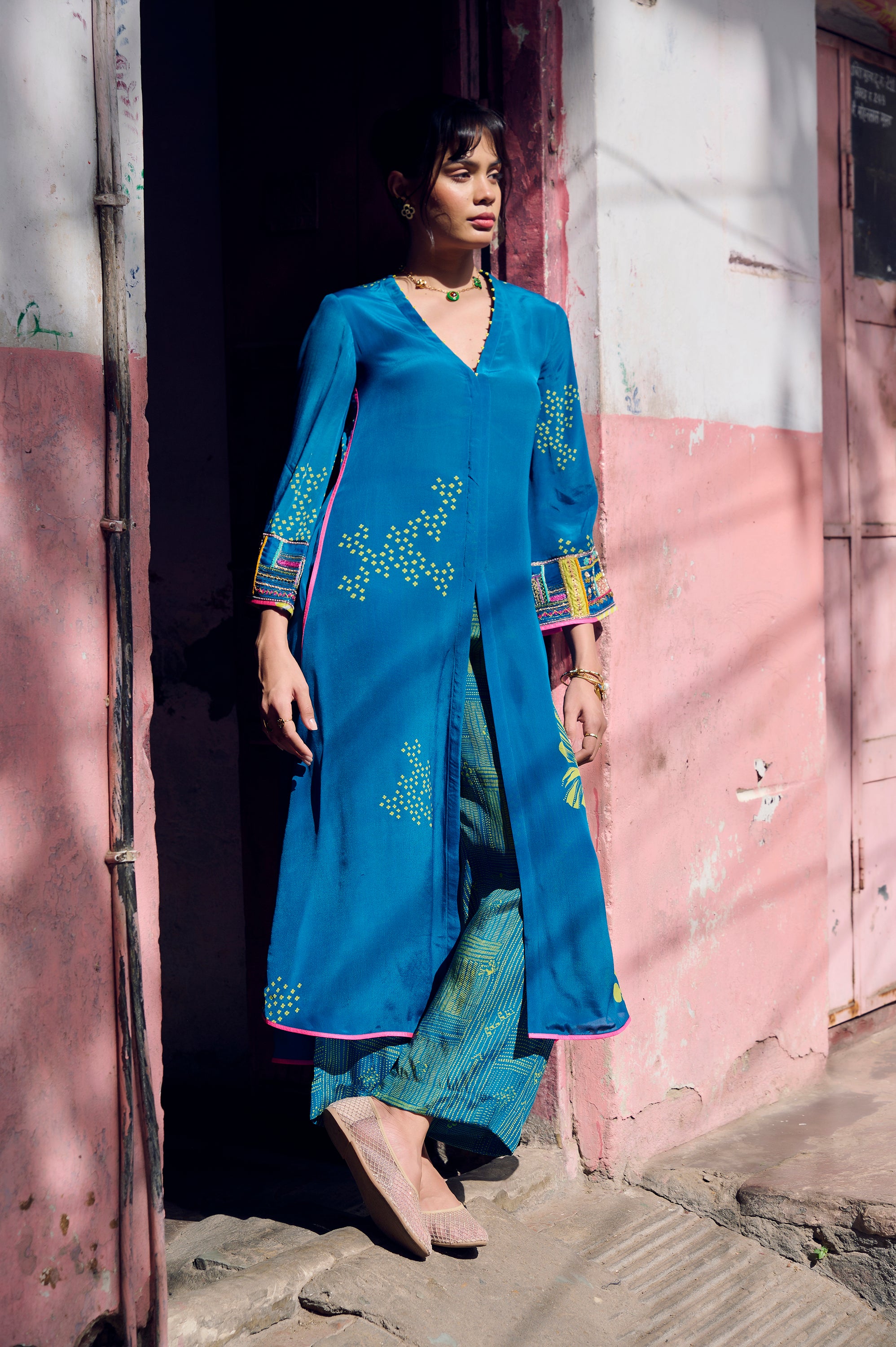 Safar Teal Blue Cuff Embroidered Jacket Kurta Set