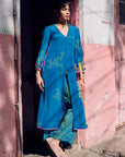 Safar Teal Blue Cuff Embroidered Jacket Kurta Set
