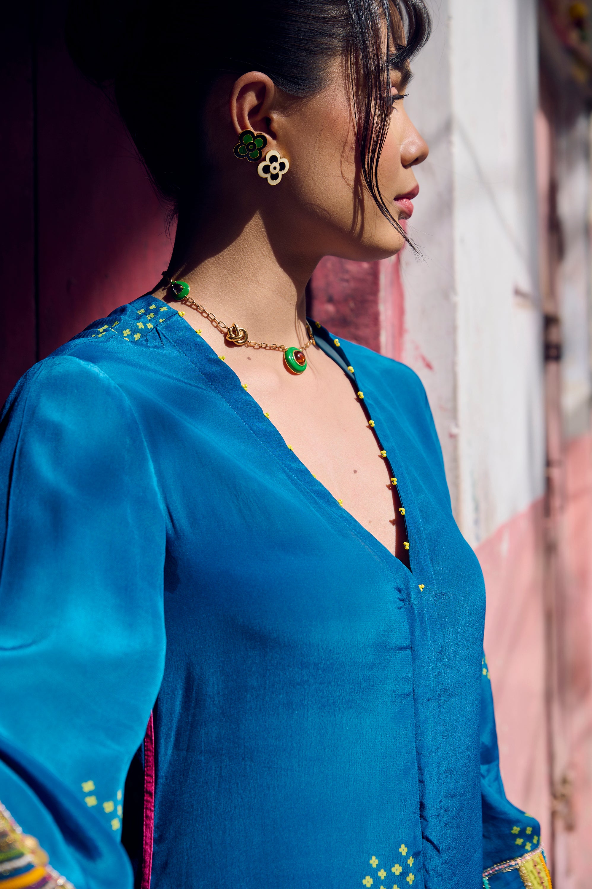 Safar Teal Blue Cuff Embroidered Jacket Kurta Set