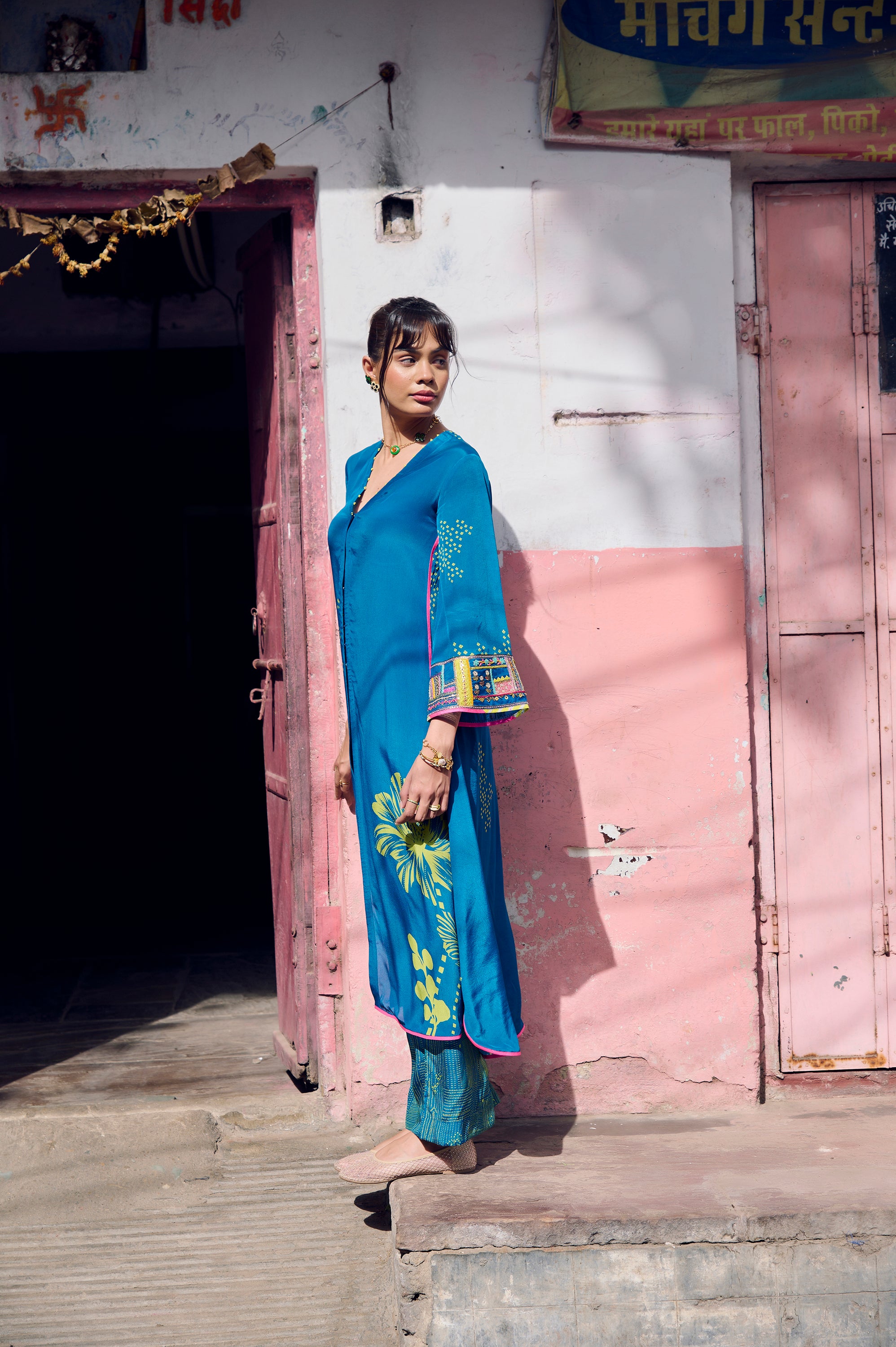 Safar Teal Blue Cuff Embroidered Jacket Kurta Set