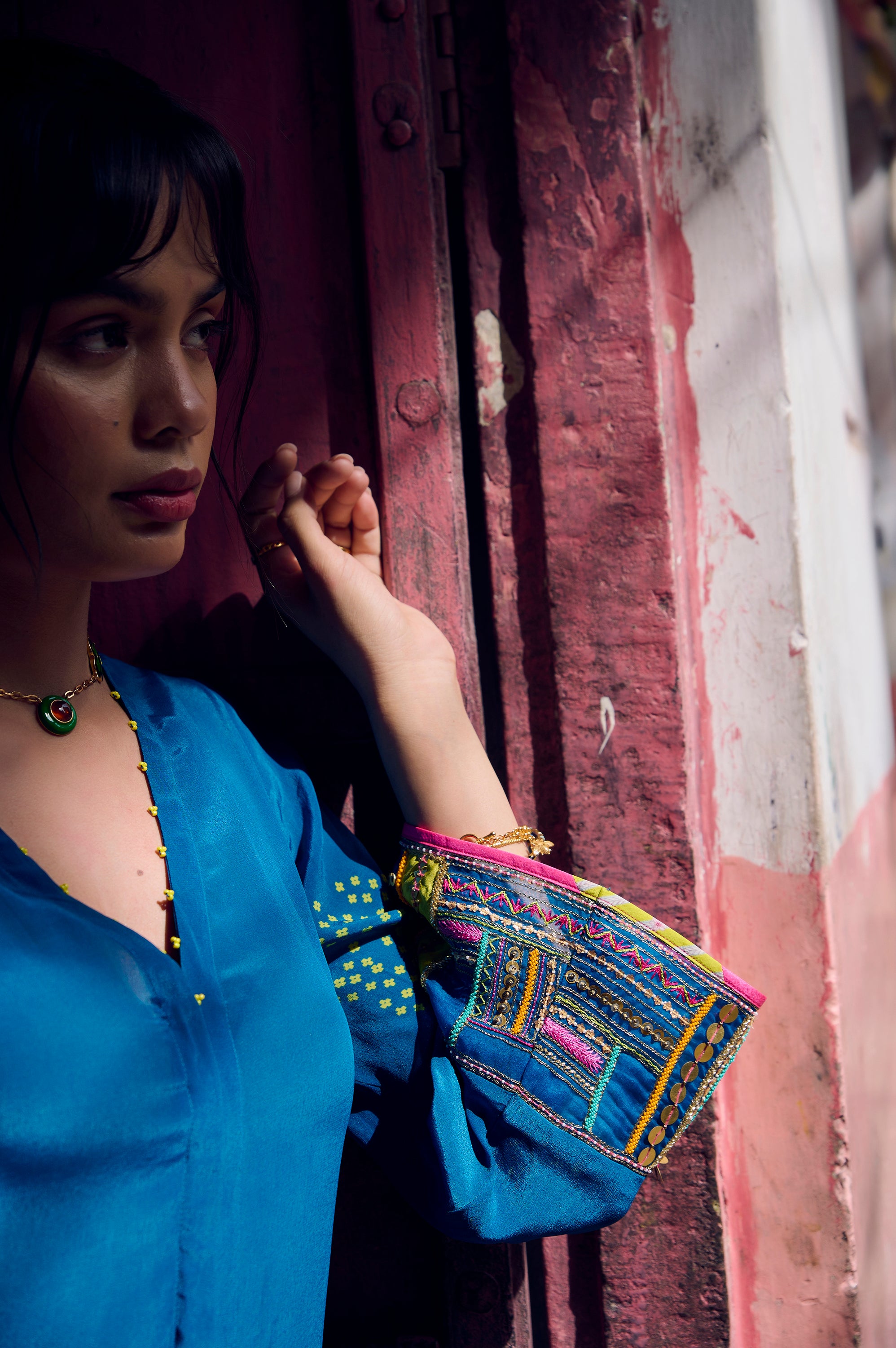 Safar Teal Blue Cuff Embroidered Jacket Kurta Set
