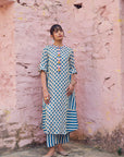 Safar Teal And White Panel Print Linen Kurta Set