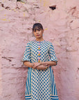 Safar Teal And White Panel Print Linen Kurta Set