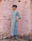 Safar Teal And White Panel Print Linen Kurta Set