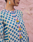 Safar Teal And White Panel Print Linen Kurta Set
