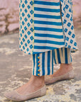 Safar Teal And White Panel Print Linen Kurta Set