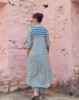 Safar Teal And White Panel Print Linen Kurta Set