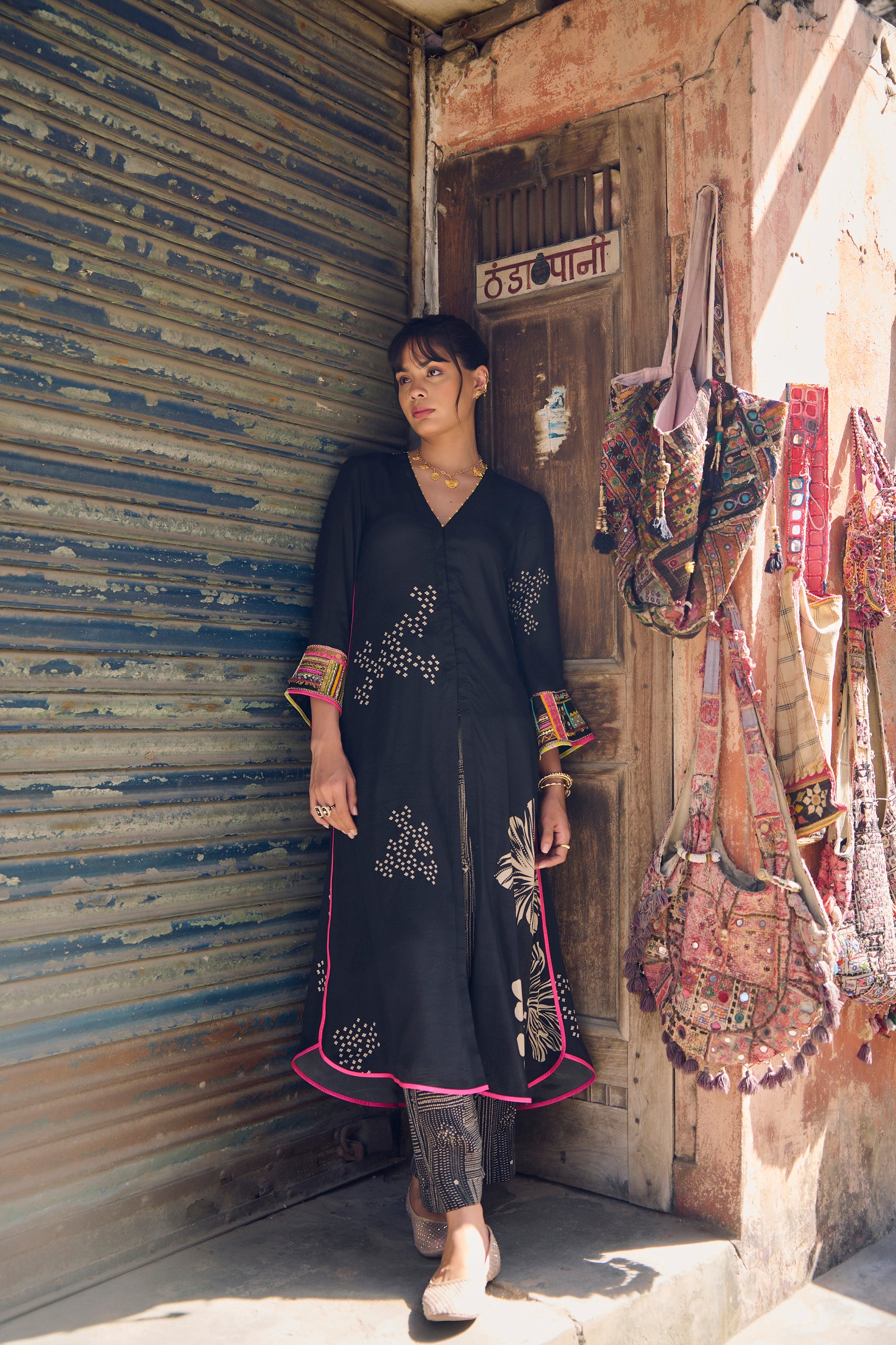 Safar Black Cuff Embroidered Jacket Kurta Set