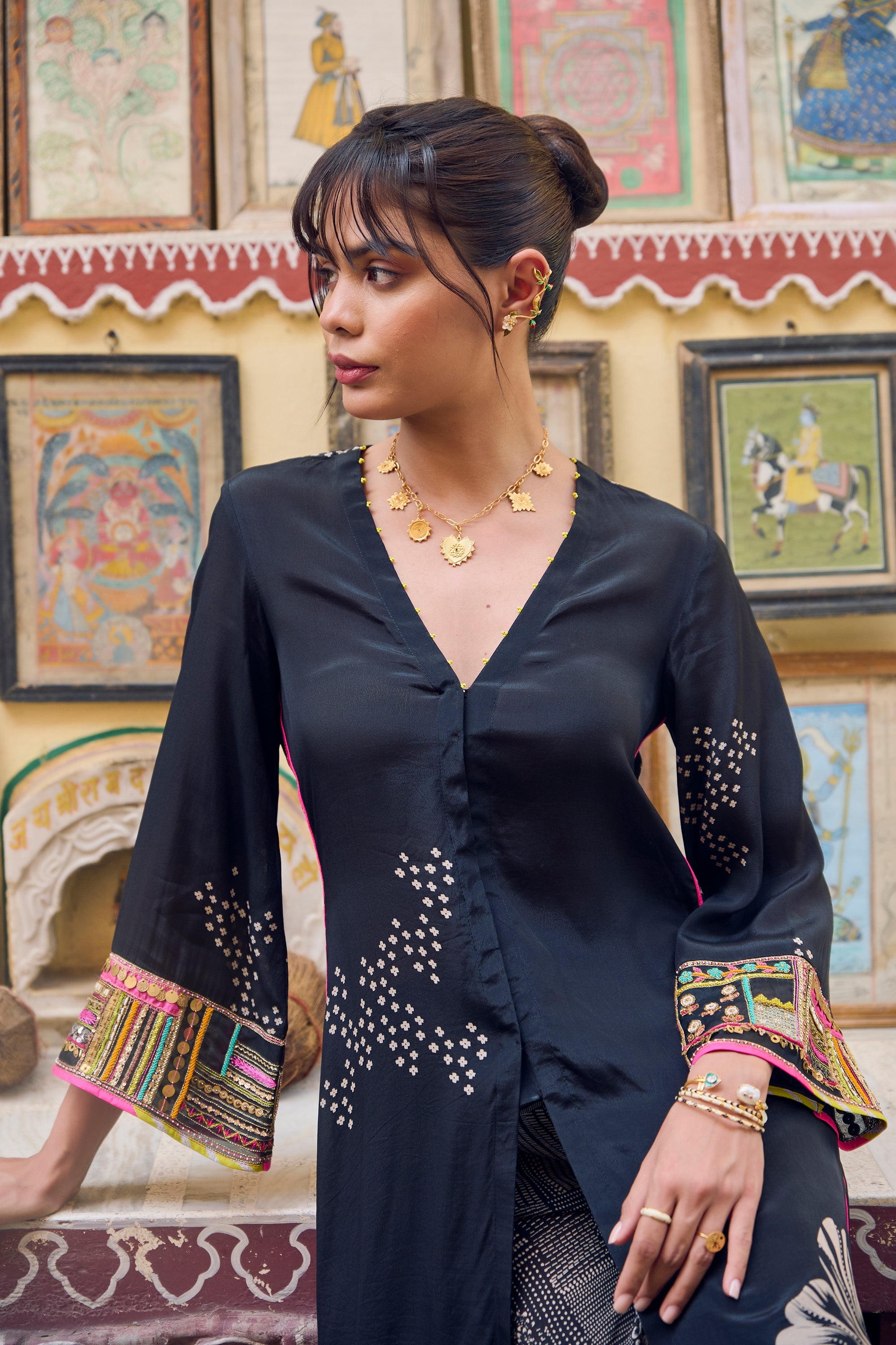 Safar Black Cuff Embroidered Jacket Kurta Set