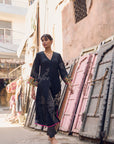 Safar Black Cuff Embroidered Jacket Kurta Set