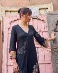 Safar Black Cuff Embroidered Jacket Kurta Set