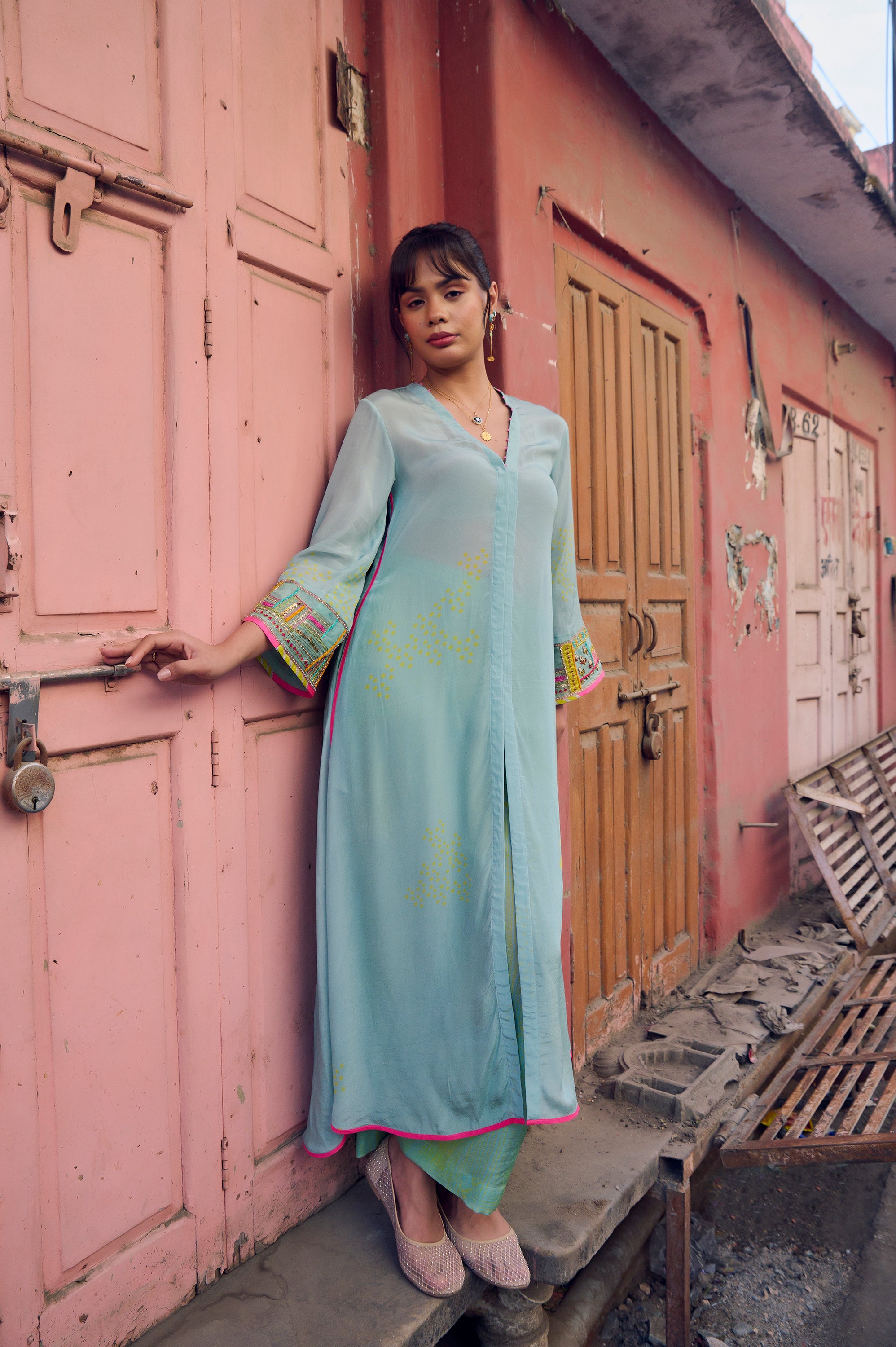 Safar Powder Blue Cuff Embroidered Jacket Kurta Set