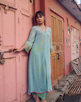 Safar Powder Blue Cuff Embroidered Jacket Kurta Set