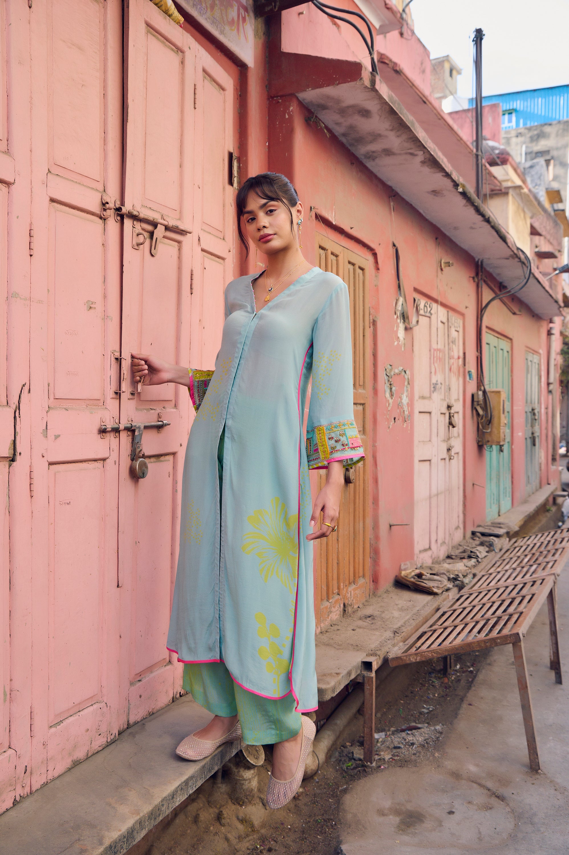 Safar Powder Blue Cuff Embroidered Jacket Kurta Set
