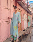 Safar Powder Blue Cuff Embroidered Jacket Kurta Set