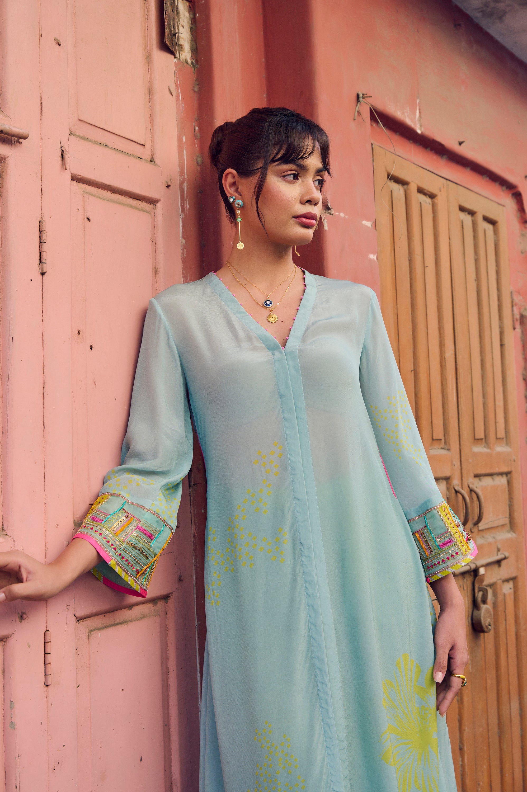 Safar Powder Blue Cuff Embroidered Jacket Kurta Set