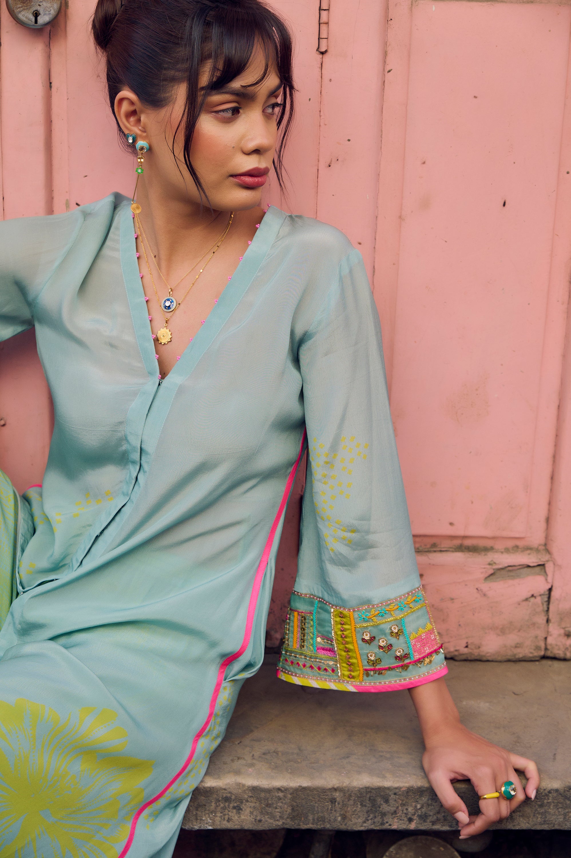 Safar Powder Blue Cuff Embroidered Jacket Kurta Set