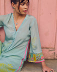 Safar Powder Blue Cuff Embroidered Jacket Kurta Set