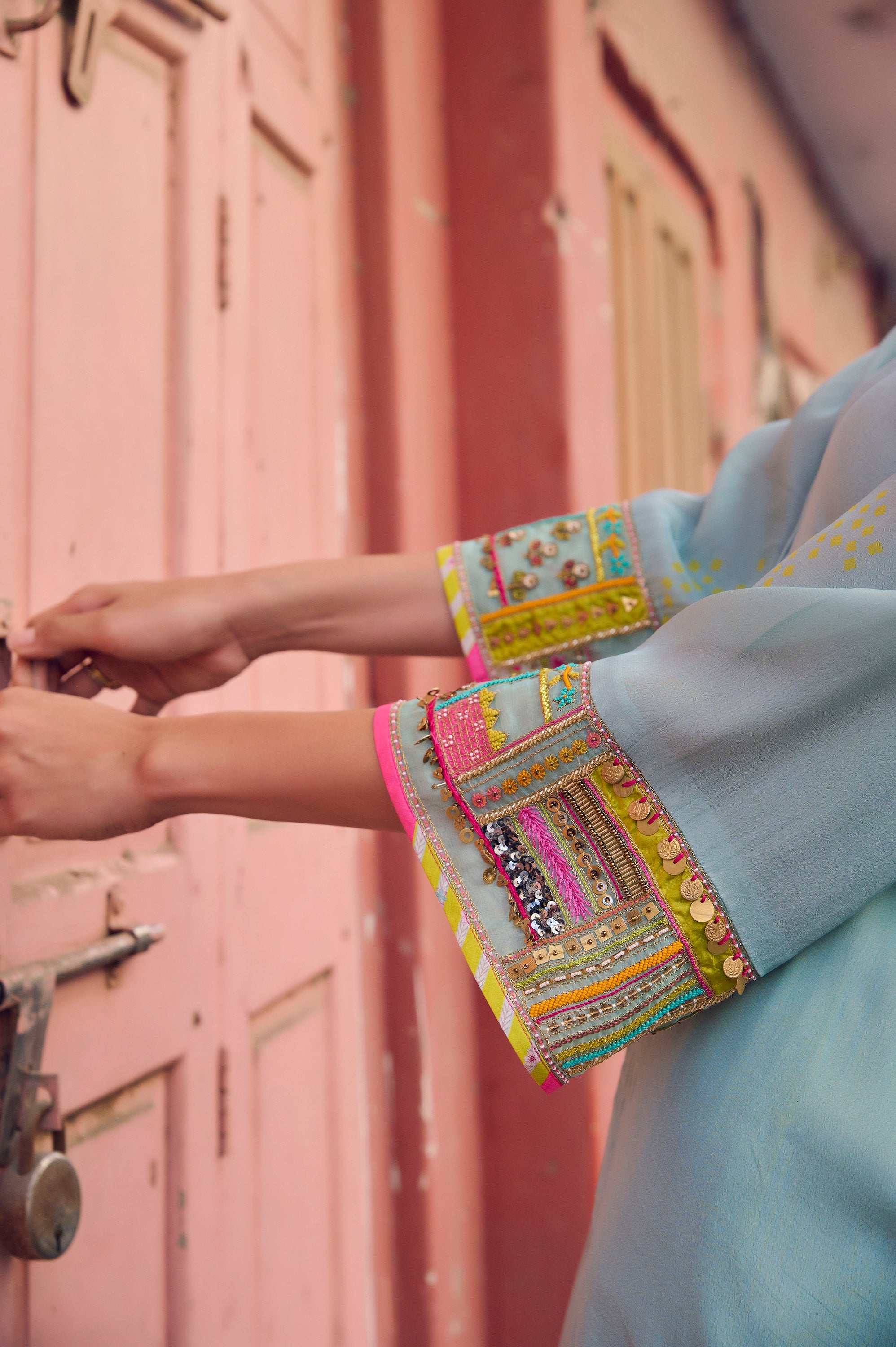 Safar Powder Blue Cuff Embroidered Jacket Kurta Set