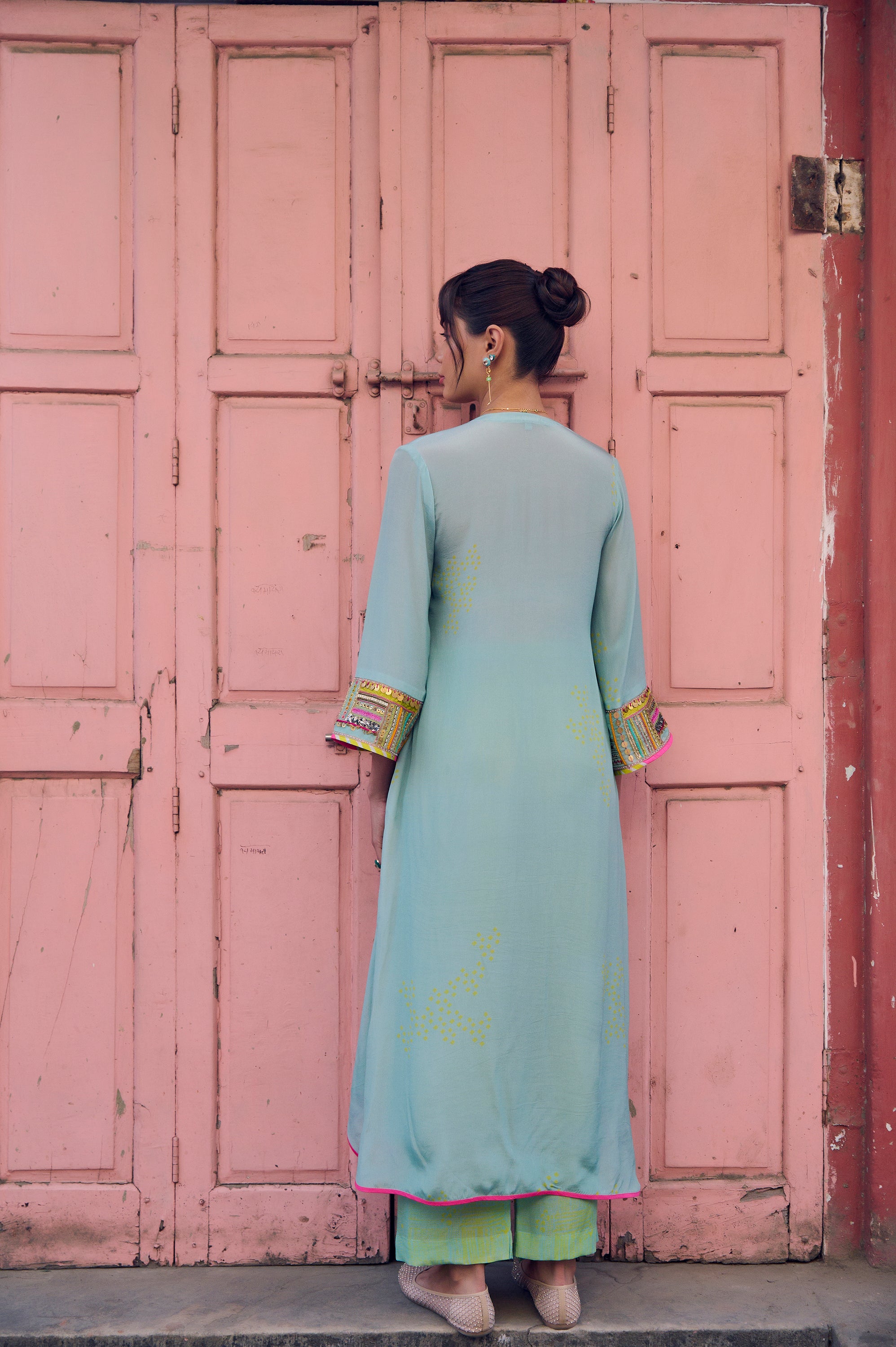 Safar Powder Blue Cuff Embroidered Jacket Kurta Set