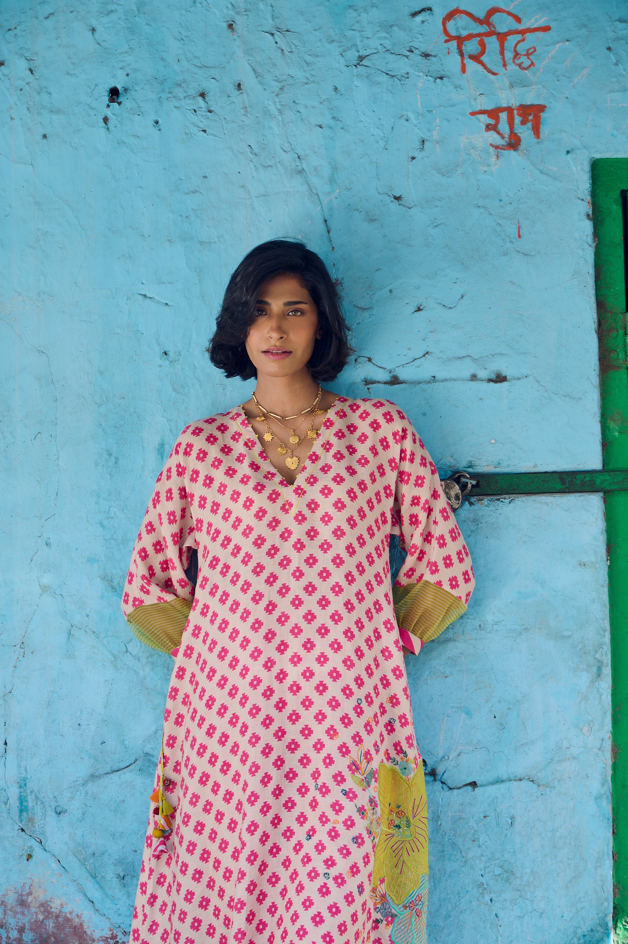 Safar Flower Embroidered Linen Kaftan Kurta Set
