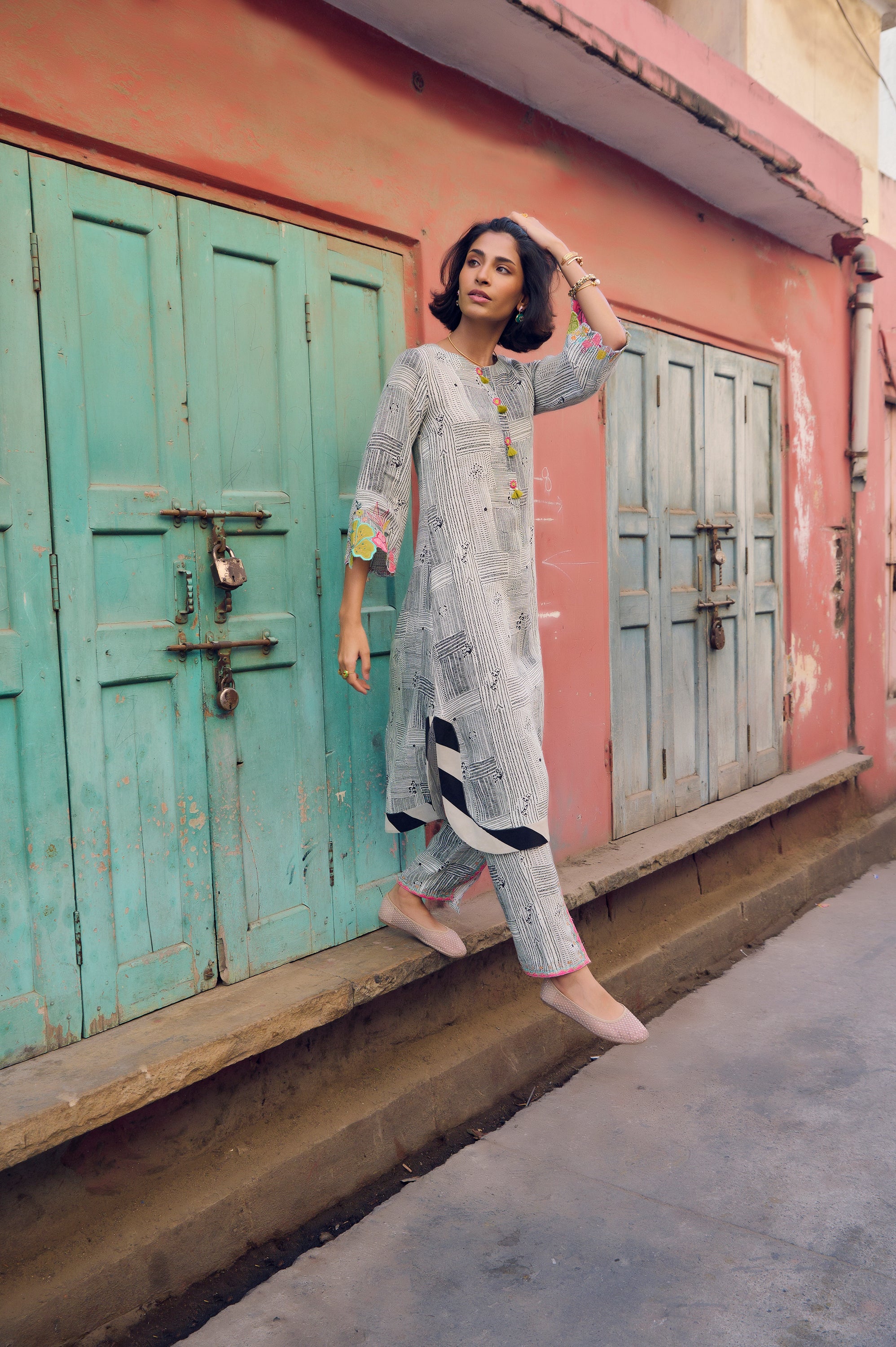 Safar B&W Bell Sleeve Cutwork Printed Kurta Set