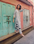 Safar B&W Bell Sleeve Cutwork Printed Kurta Set