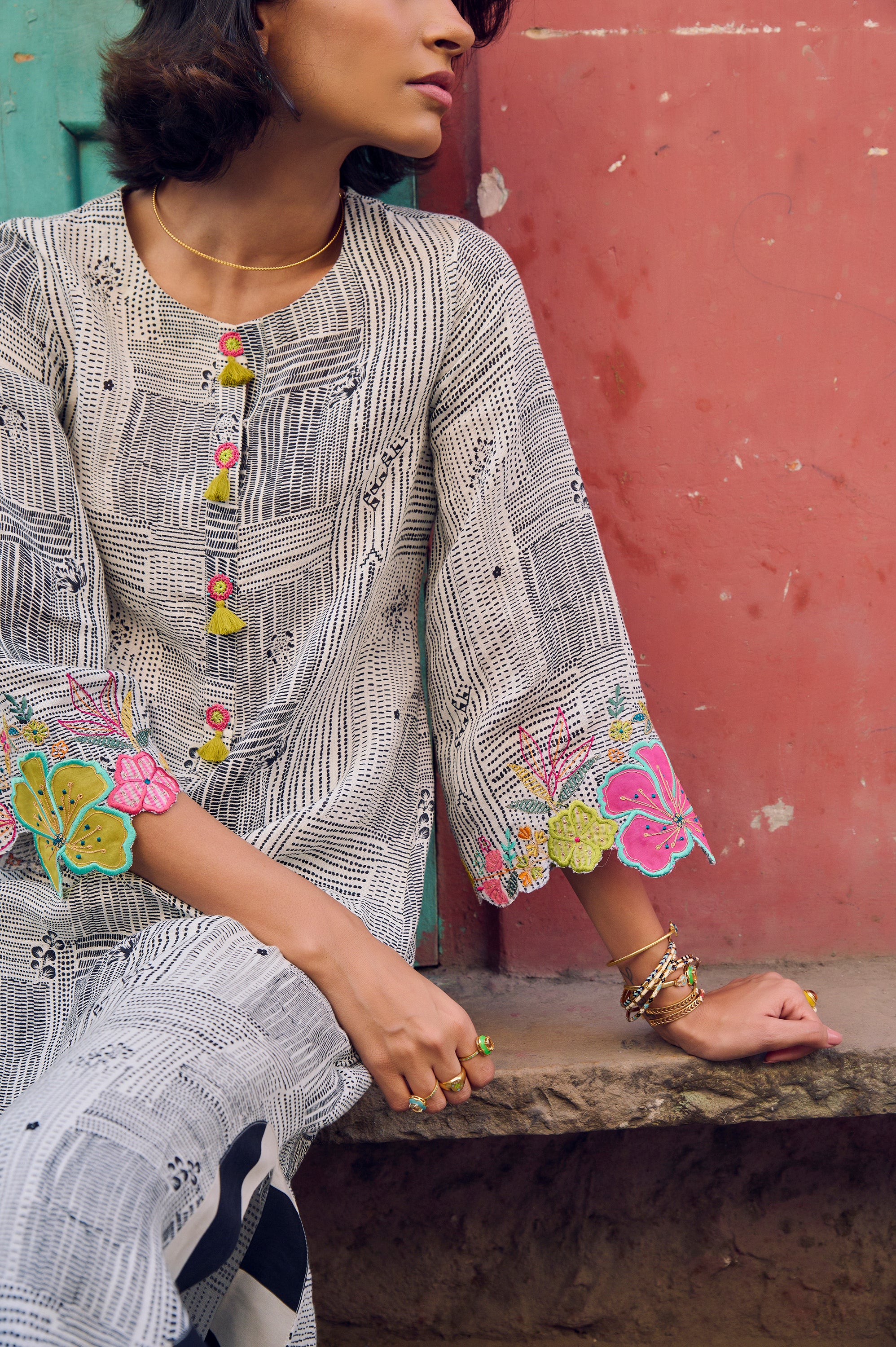 Safar B&W Bell Sleeve Cutwork Printed Kurta Set