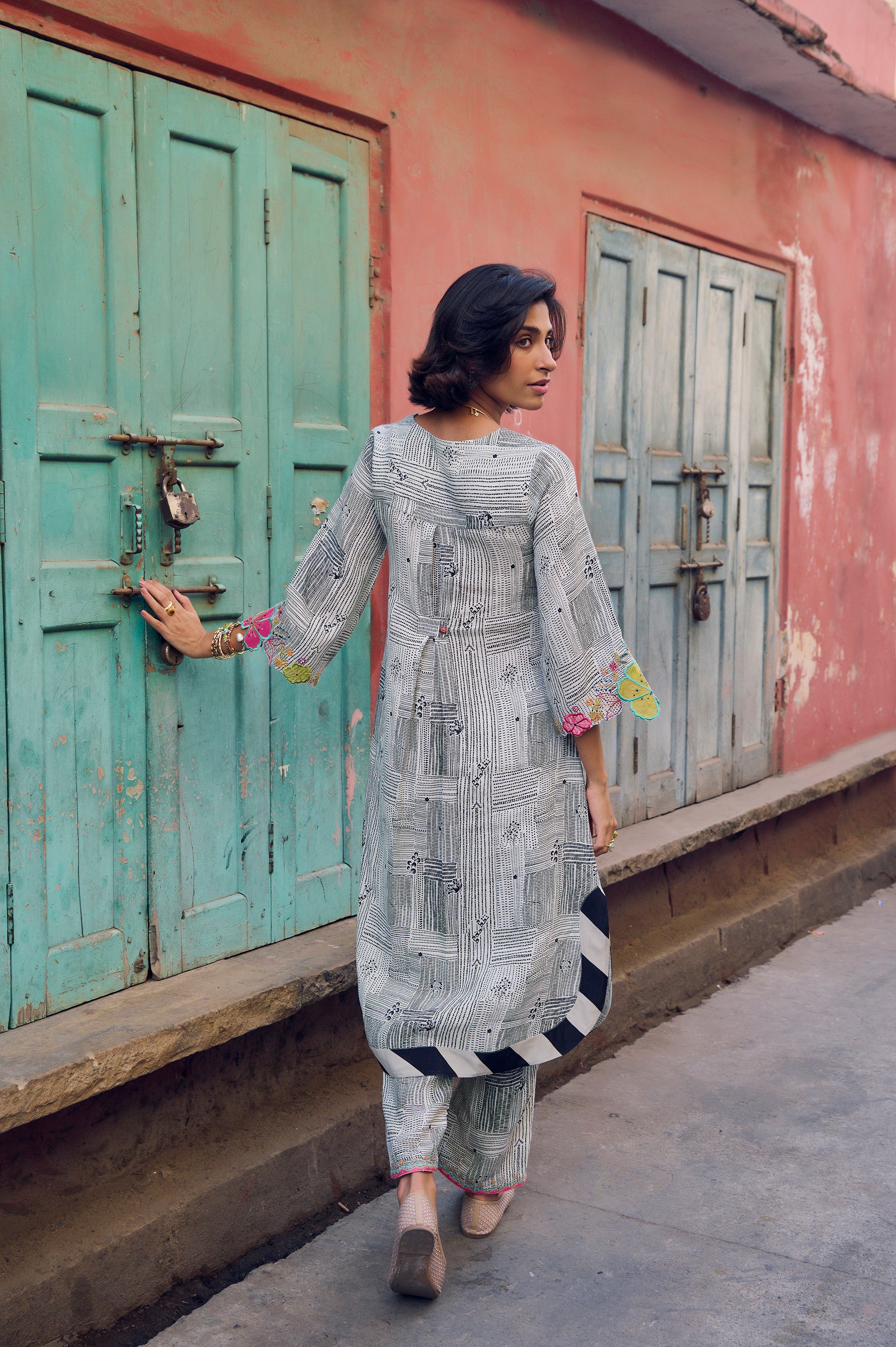 Safar B&W Bell Sleeve Cutwork Printed Kurta Set