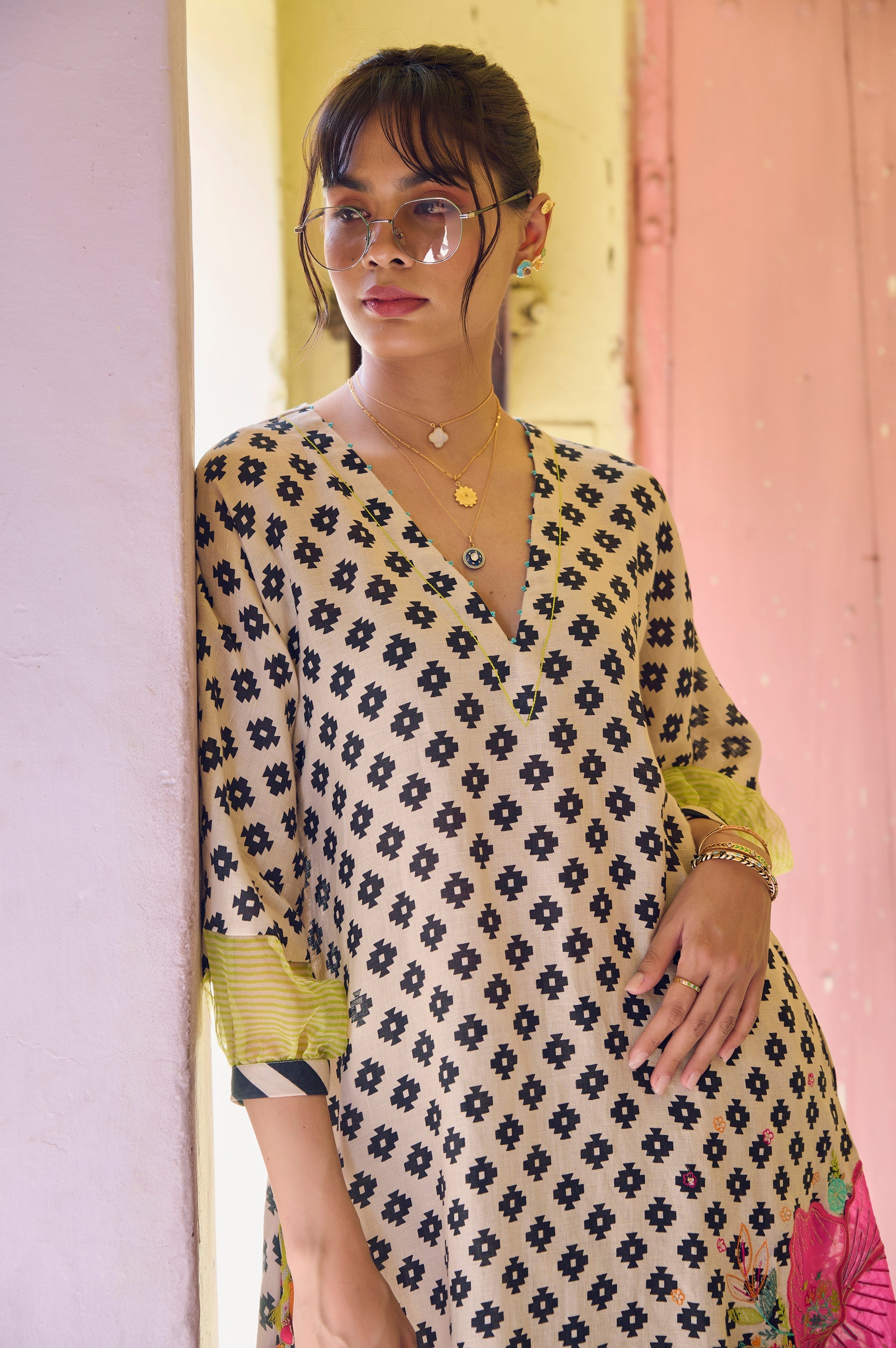 Safar Flower Embroidered Linen Kaftan Kurta Set