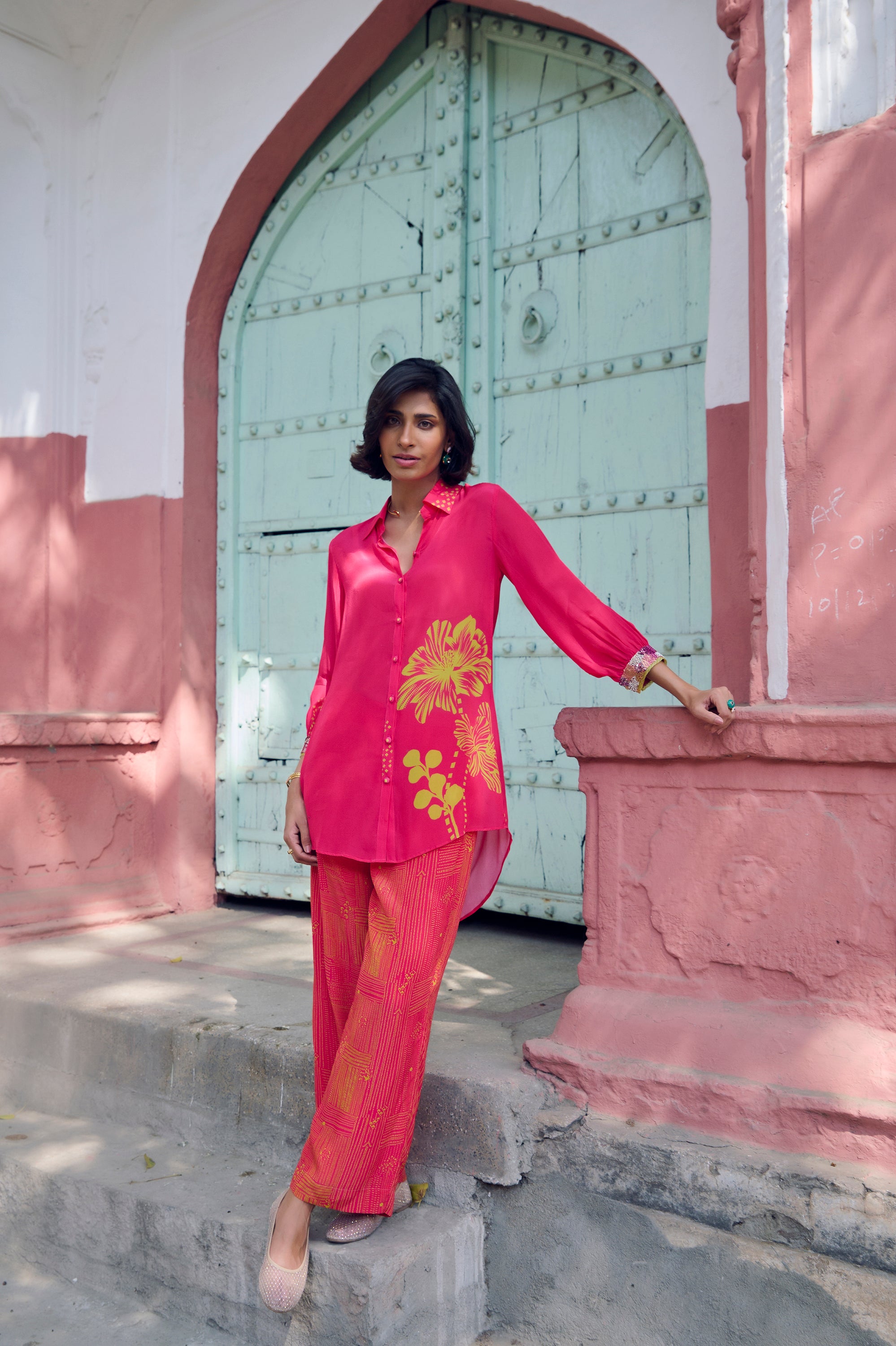 Safar Cuff Embroidered Hot Pink Shirt Co-Ord Set