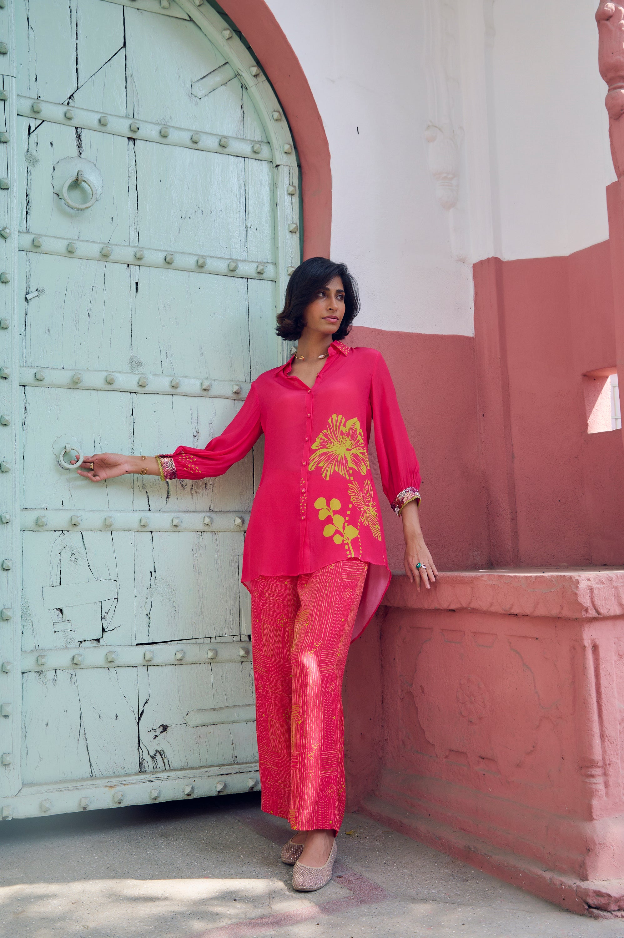 Safar Cuff Embroidered Hot Pink Shirt Co-Ord Set