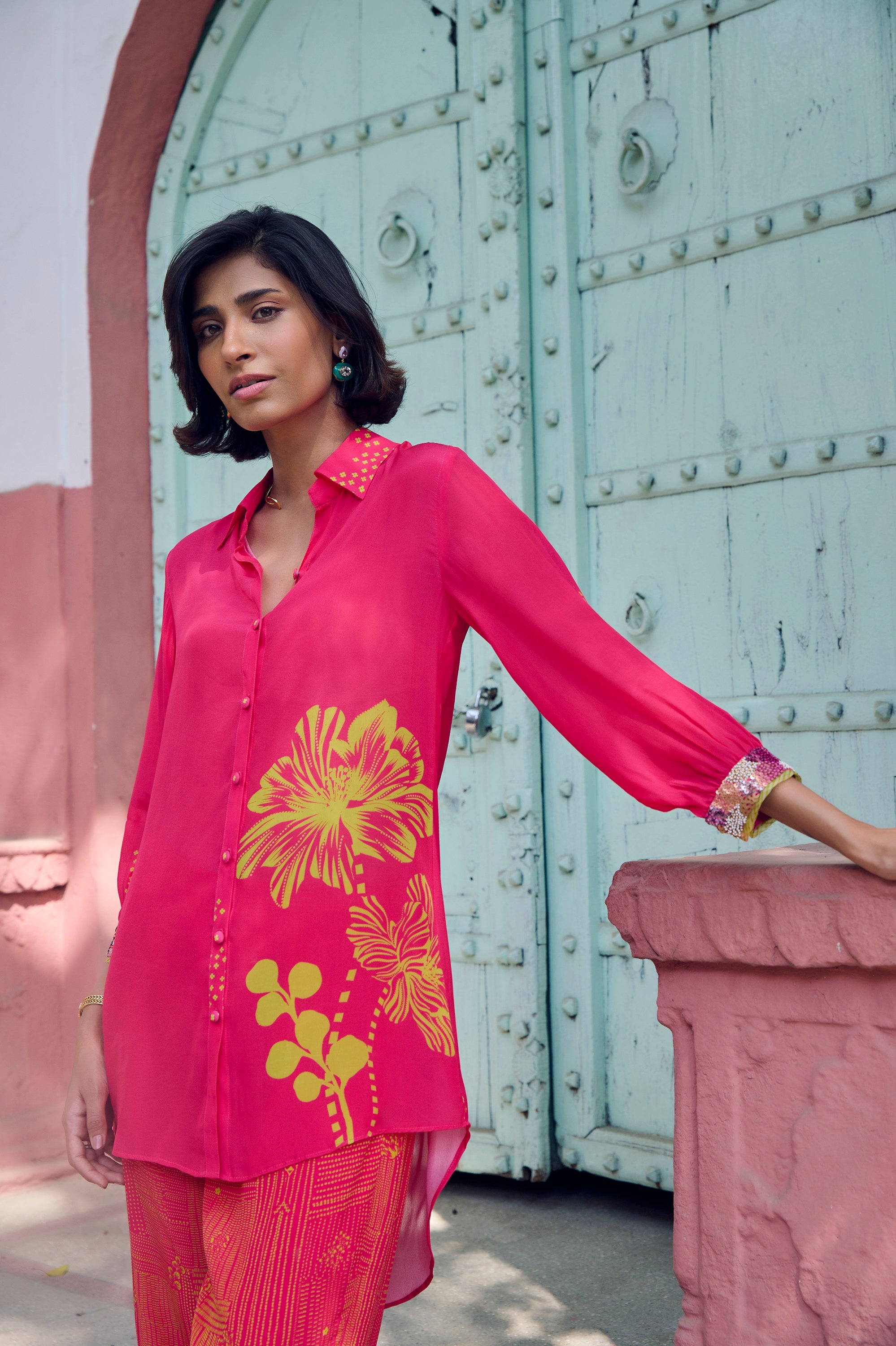 Safar Cuff Embroidered Hot Pink Shirt Co-Ord Set