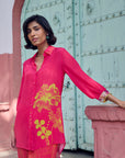 Safar Cuff Embroidered Hot Pink Shirt Co-Ord Set